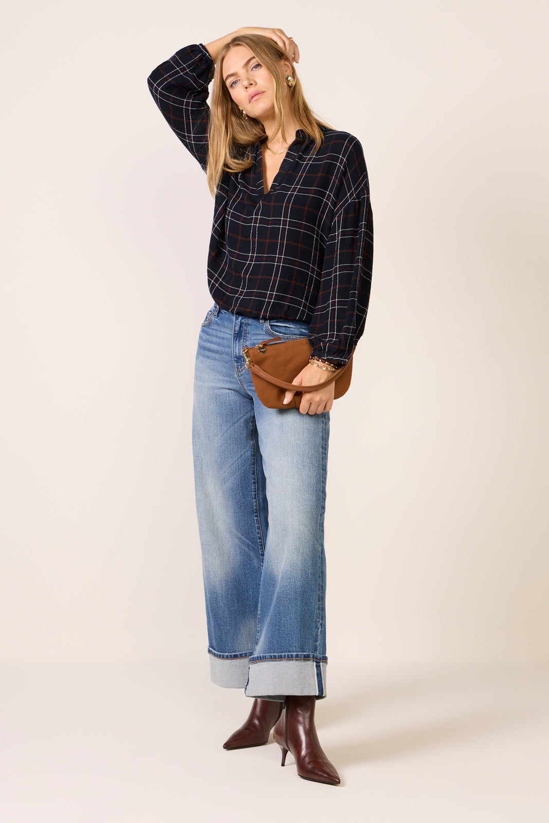 Split Neck Plaid Blouse