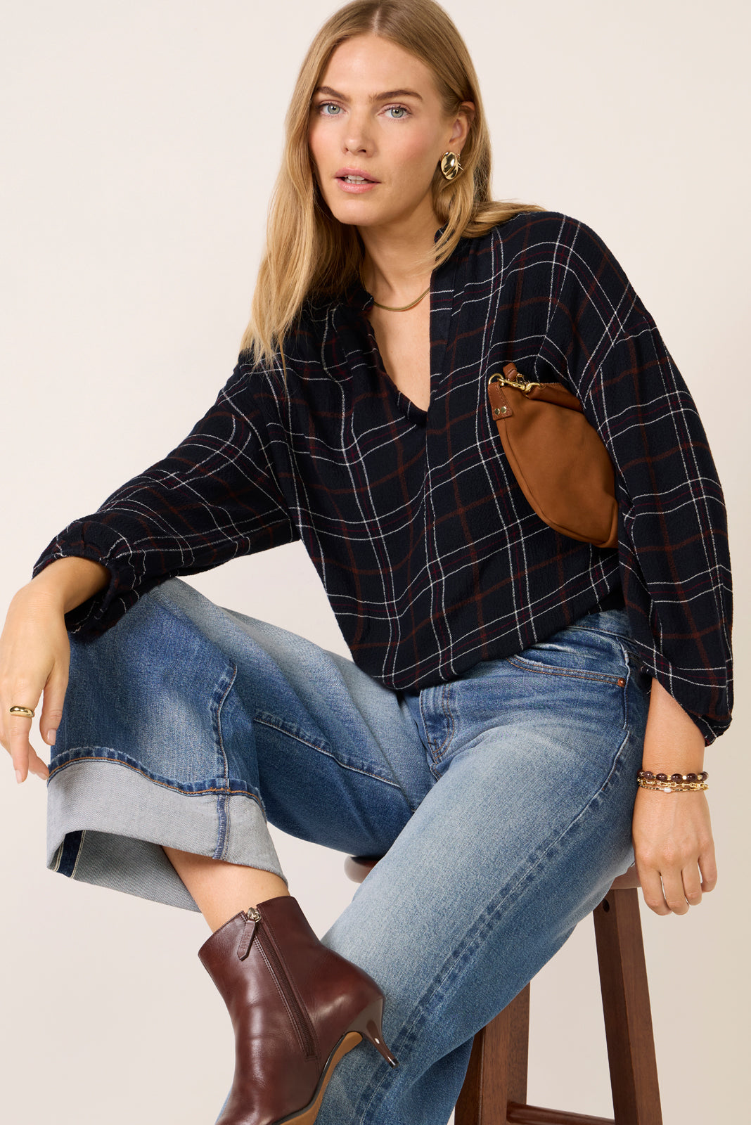 Split Neck Plaid Blouse