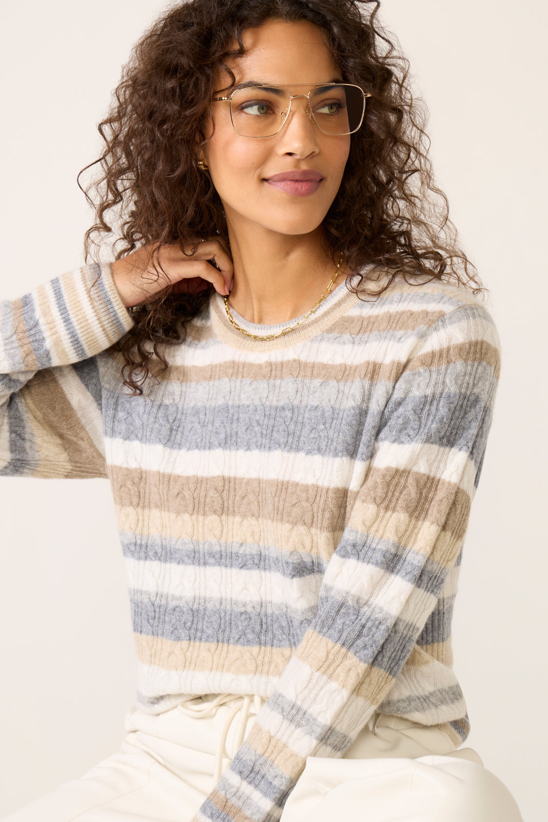 Lettie Striped Cable Cashmere Sweater